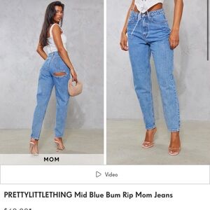 PRETTYLITTLETHING Mid Blue Bum Rip Mom Jeans.